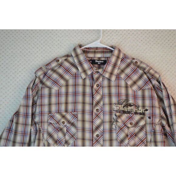 Manchester Men's Large Brown Plaid Embroidered Pearl Snap Western Shirt - Picture 3 of 16
